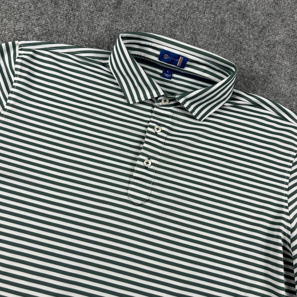 Stitch‎ Golf Polo Shirt Mens L Green White Striped Performance Short Sleeve Top